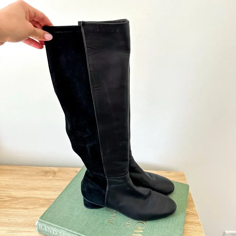 Stuart Weitzman Leather Suede Pull On Riding Boots Black 8.5